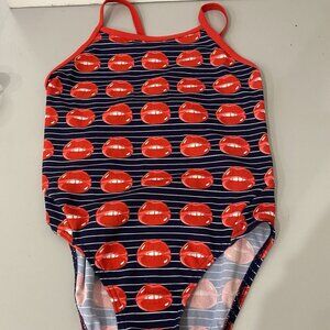 Funkita Girl One Piece Swim Suit Girls Size 10 Navy Red Mouth With Teeth Pattern